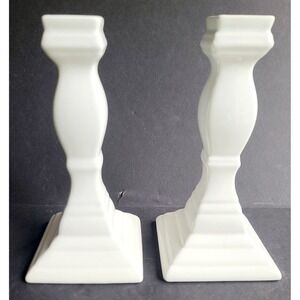 Mikasa White Ceramic Square Base Baluster Candlestick Holders Pair Minimalist